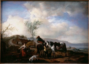 Two Horsemen near a Fountain